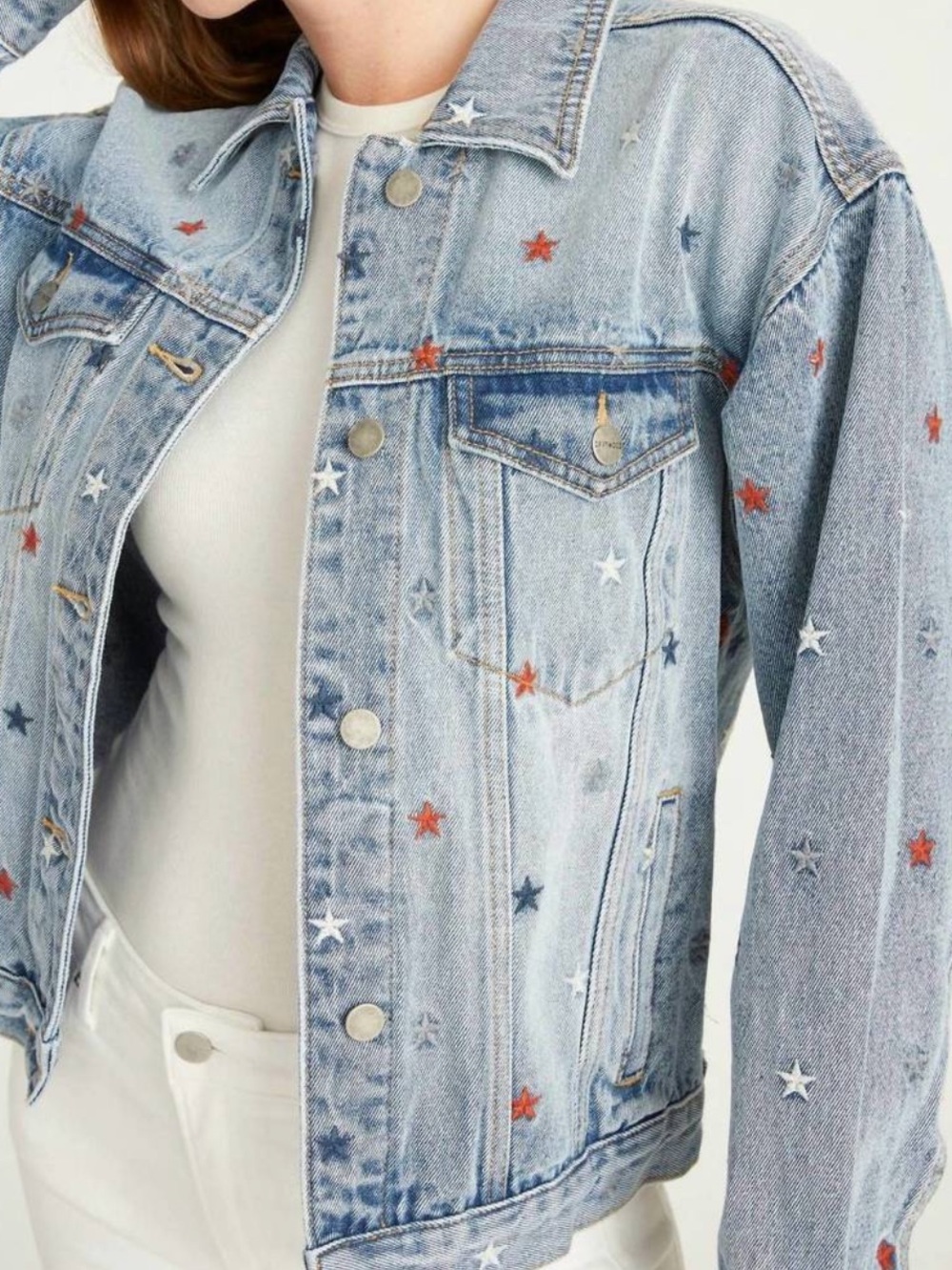 NEW DRIFTWOOD Starry Eyed Denim Blue Jean Jacket Embroidered Stars XL Cotton - Picture 4 of 16